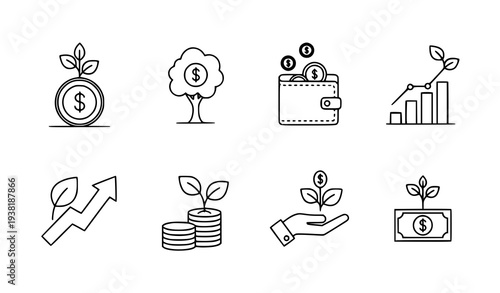 Flat line finance icons set for money growth, investment, and savings vector illustration
