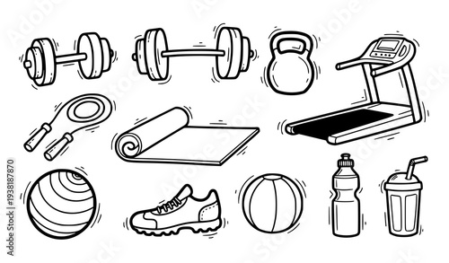 Fitness Gym Workout and Sports Equipment Doodle Icon Set Vector