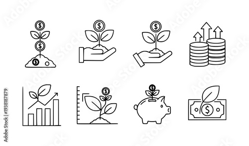 Minimal line money growth icon set with finance and investment vector symbols for UI and web