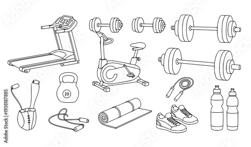 Hand-Drawn Fitness and Sports Equipment Doodle Icons Vector Set