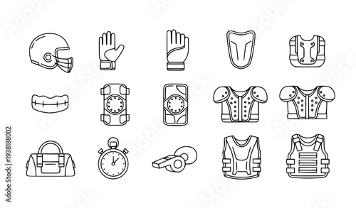 Professional Sports Protective Gear Outline Icon Set