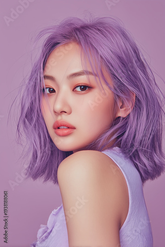 Dreamy beauty portrait of a stunning young Asian woman with wavy lavender hair looking over her shoulder on a matching purple background