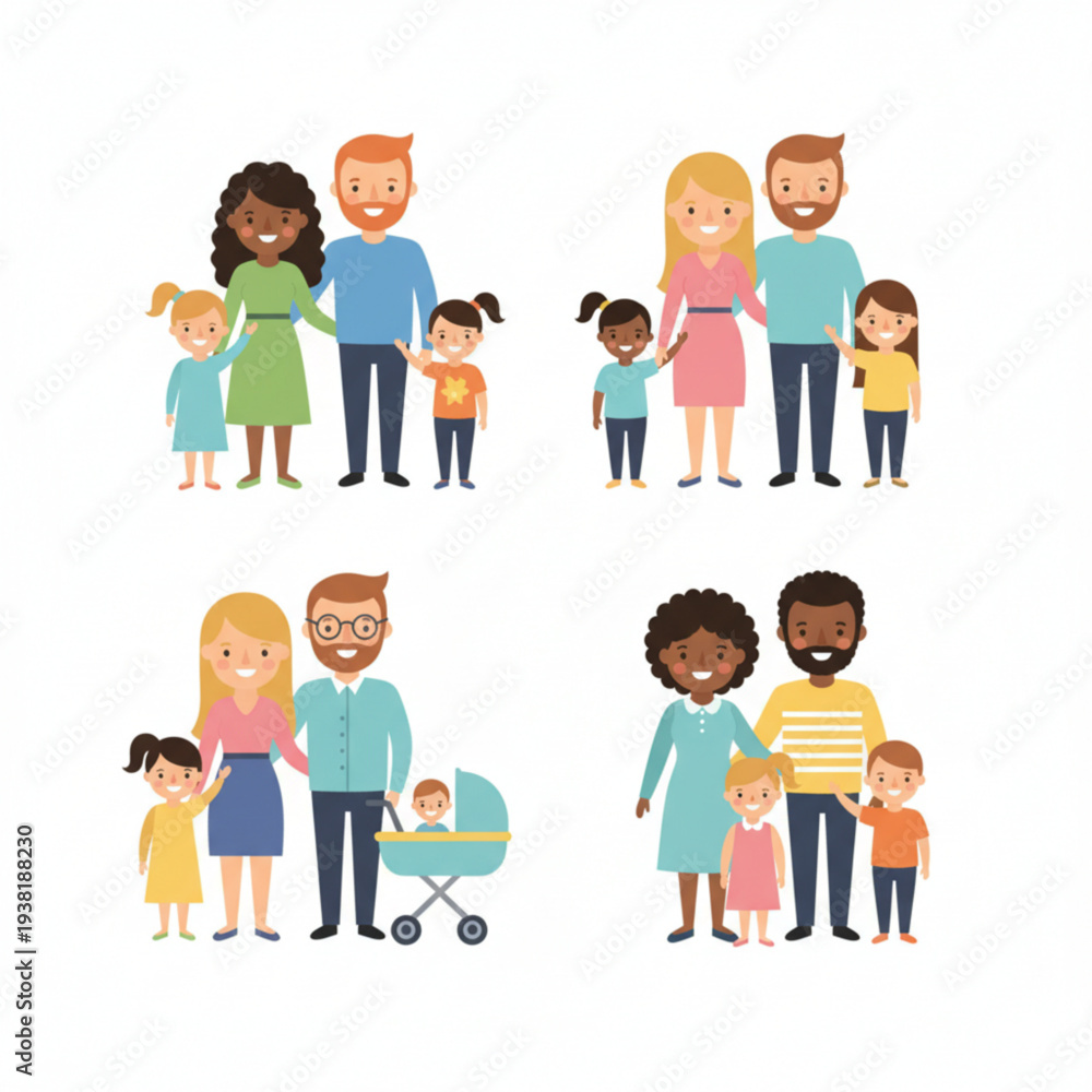 Fototapeta premium Happy Family Characters Set with Parents and Children Flat Cartoon Vector Illustration
