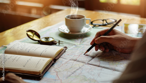 Travel planning scene with map spread out on table, hand holding pencil, and compass under morning light in cozy setting