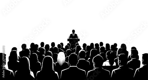 Silhouette of man speaking to crowd.