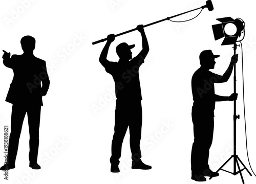 Film director giving instructions, audio crew holding boom microphone, lighting technician adjusting studio light, movie production silhouettes, filmmaking teamwork, cinematography illustration