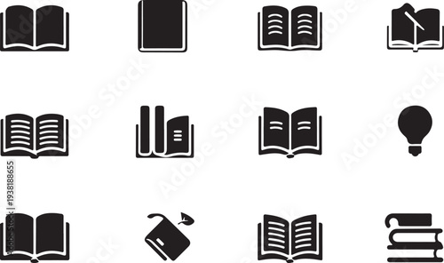Collection of open book icons vector silhouette illustration in black color
