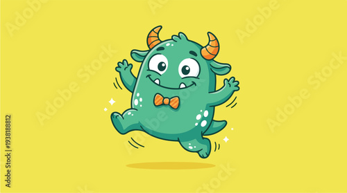 Cute Green Monster Character Jumping Joyfully with Bow Tie.
