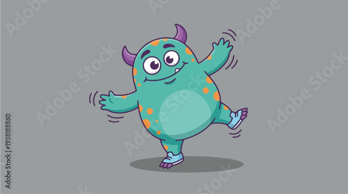 Cute Green Monster Dancing with Joyful Expression.