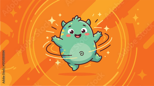 Cute Green Monster Dancing with Sparkles and Swirls.