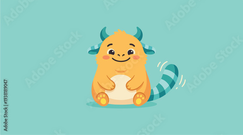 Cute Orange Fluffy Monster Character Sitting Down.