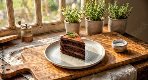 Slice of Chocolate Cake on Plate with Natural Window Light