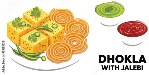 Indian Traditional Food Dhokla with Jalebi Served with Green and Red Chutney Gujarati Snack Vector Illustration