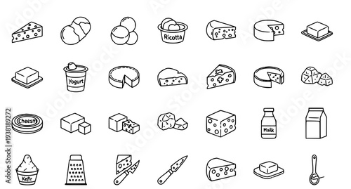 A set of black and white line art illustrations of various dairy products and cheese types