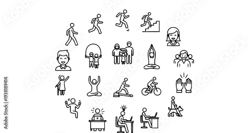 A collection of simple stick figure icons depicting various everyday activities and actions in a circular pattern