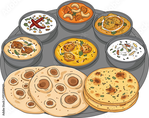 Indian Thali Food Platter with Roti Curry Dal and Traditional Vegetarian Dishes Isolated on White Background Vector Illustration