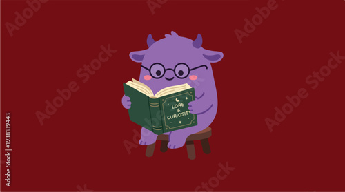 Cute Purple Monster Reading a Book on a Stool.