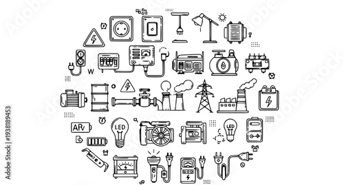 A collection of electrical and energy-related icons in a circular pattern