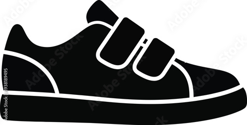Velcro Strap Sneaker Black Solid Glyph Icon – Flat Vector Velcro Shoe Silhouette for Sports, Fashion & UI Design