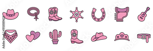 coquette aesthetic pink cowgirl western graphic element kit for bachelorette party and fashion decor, vector design set with decorative icons, stylish emblem for rank title award certificate.