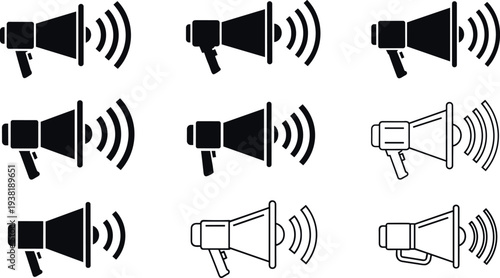 Megaphone Loudspeaker Icon Set with Announcement, Promotion, and Public Alert Symbols for Marketing Campaigns, Advertising Messages, Notifications, and Communication Design