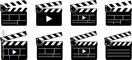 Movie clapperboard icon set with play button symbols, film production slate collection for cinema, video editing, filmmaking, and multimedia entertainment design
