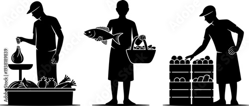 Market vendor weighing vegetables on scale, fisherman holding fish and basket, worker organizing produce crates, food commerce silhouettes, agriculture trade, marketplace illustration