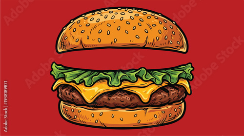 Delicious Cheeseburger Illustration with Sesame Seed Bun.