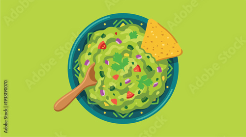 Delicious Guacamole with Tortilla Chip and Wooden Spoon.