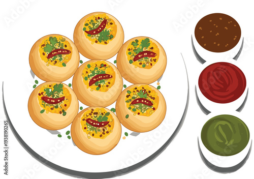 Indian Street Food Pani Puri Plate with Spicy Chutney and Crispy Golgappa Snack Vector Illustration