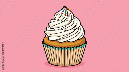 Delicious Vanilla Cupcake with Swirled Frosting and Sprinkles.