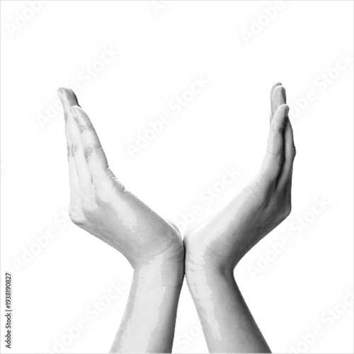 Foto Two human hands forming protective gesture in halftone style