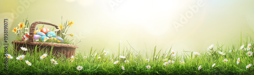 A wicker basket filled with painted easter eggs, grass and daffodils sat in a lush green spring meadow to celebrate a religious event, Easter, with a wide banner style display background.