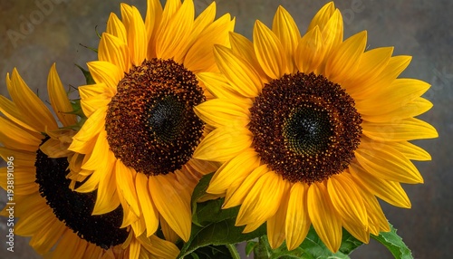 Three bright sunflowers in full bloom, showcasing their vibrant yellow petals and dark brown centers