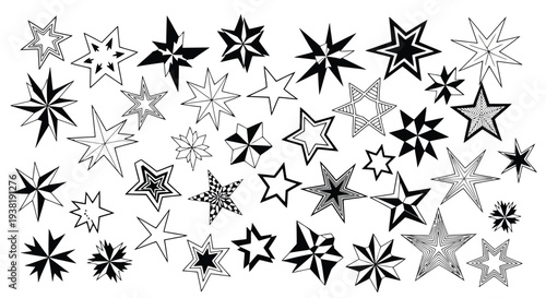 Collection of diverse black and white star shapes