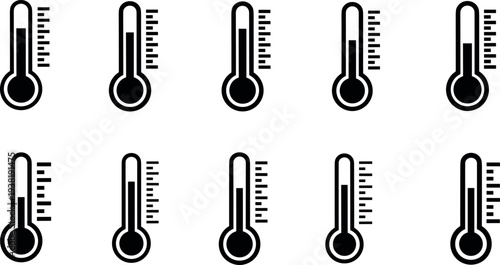 Thermometer temperature icon set showing different heat levels, weather and medical measurement symbols collection for climate, fever check, and temperature control design