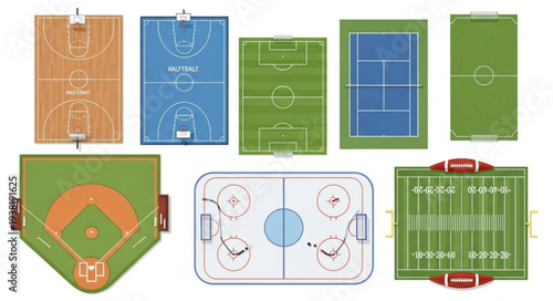 Collection of Various Sports Fields and Courts Overhead View.