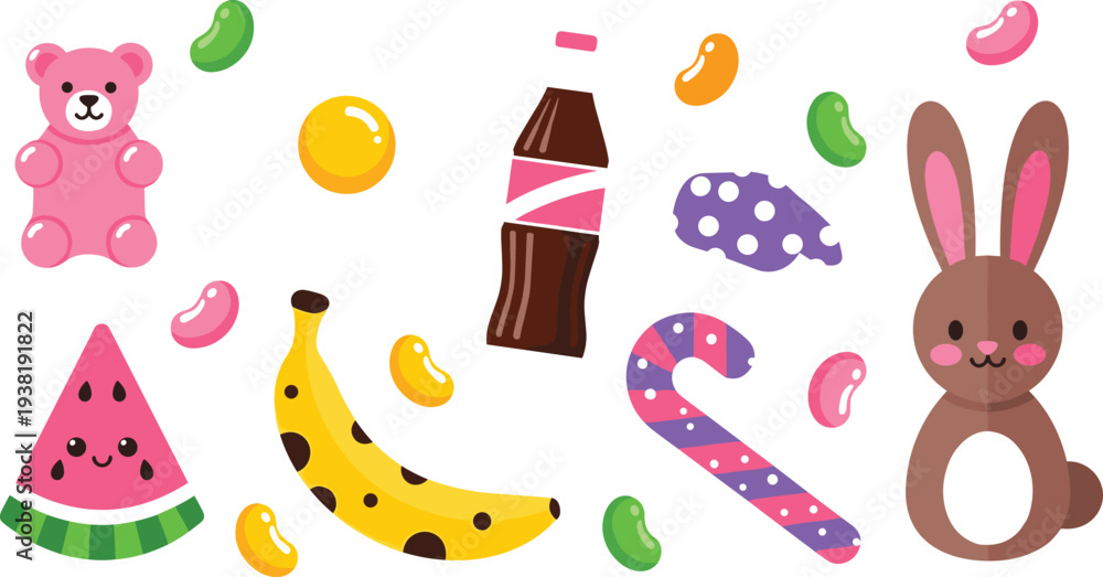 Fototapeta premium Cute Candy and Toy Elements Set with Teddy Bear Bunny Banana Watermelon Candy Cane and Soda Vector Illustration