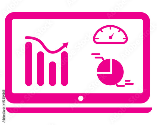 Dashboard icon | Icon of business tools | Icon of dashboard with meter, pie chart, bar chart tool works on monitor | Hot Fuchsia graphic vector illustration