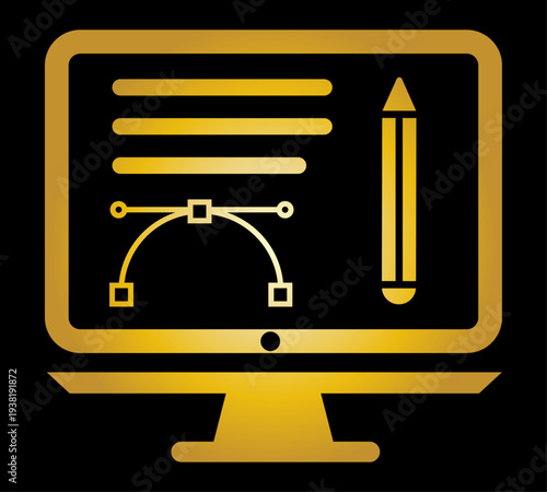 Graphic design icon | Icon of AI tools | Icon of graphics resource with pen took works on monitor | Golden graphic vector illustration