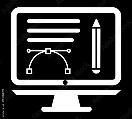 Graphic design icon | Icon of AI tools | Icon of graphics resource with pen tool works on monitor | White graphic vector illustration