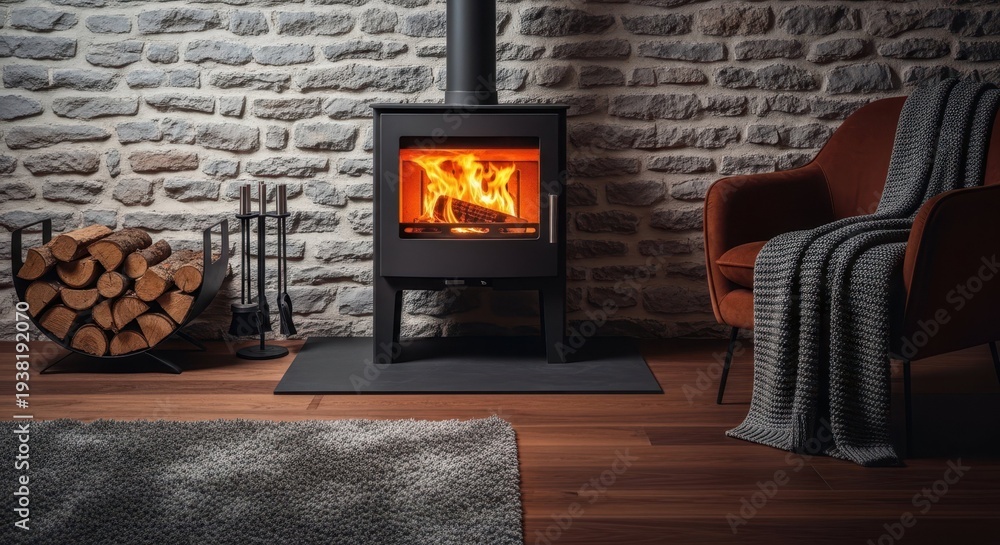 Obraz premium Warmth in Hearth: A cozy indoor scene featuring a glowing fireplace, creating a warm ambiance with a brick wall backdrop. 