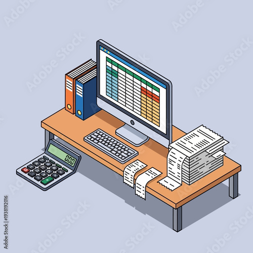 Office workspace with computer and financial documents.