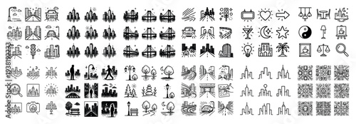 Cityscape icons with bridge park skyline detailed outline