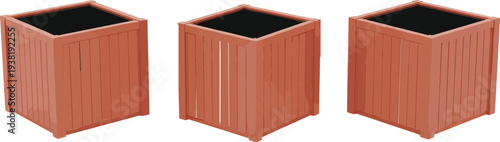 Set of three brown square wooden planters or empty garden flower pots for outdoor landscaping and home decoration.