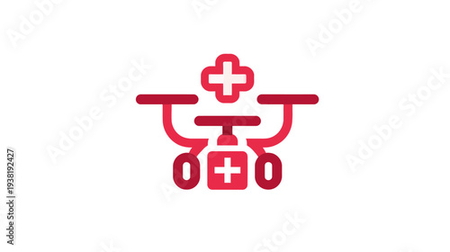 A red and white medical symbol combined with a drone, against a white background