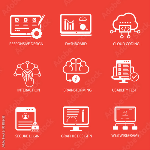 Technology management icon set | Collection of responsive webs, secure login, brainstorming, graphics, cloud coding, usability test | White cyber icon set on Vibrant Coral background