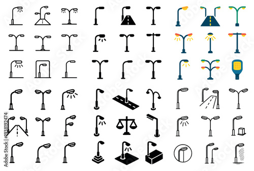 Urban lighting icons with lamp post road flat