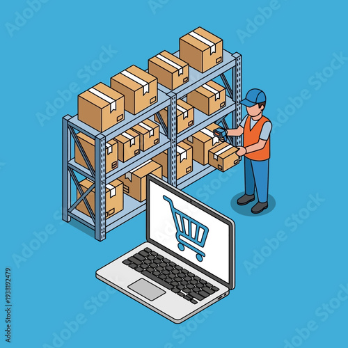 Warehouse worker handling packages on a shelving unit with a laptop displaying a shopping cart.