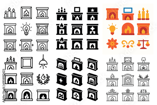 Home icons with fireplace candle flame minimal